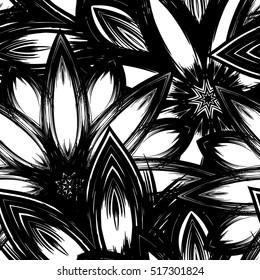 Floral background. Full seamless flower ornament for printing, textile, art design. Decorative vector backdrop. Monochrome, binary, black and white.