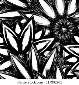 Floral background. Full seamless flower ornament for printing, textile, art design. Decorative vector backdrop. Monochrome, binary, black and white.