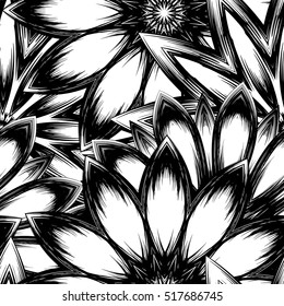 Floral background. Full seamless flower ornament for printing, textile, art design. Decorative vector backdrop. Monochrome, binary, black and white.