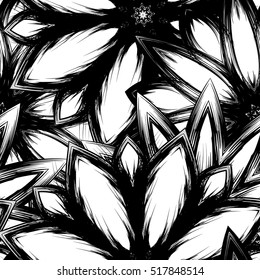 Floral background. Full seamless flower ornament for printing, textile, art design. Decorative vector backdrop. Monochrome, binary, black and white.