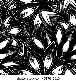 Floral background. Full seamless flower ornament for printing, textile, art design. Decorative vector backdrop. Monochrome, binary, black and white.