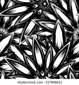 Floral background. Full seamless flower ornament for printing, textile, art design. Decorative vector backdrop. Monochrome, binary, black and white.