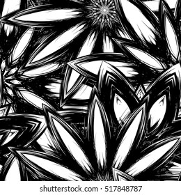 Floral background. Full seamless flower ornament for printing, textile, art design. Decorative vector backdrop. Monochrome, binary, black and white.