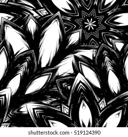 Floral background. Full seamless flower ornament for printing, textile, art design. Decorative vector backdrop. Monochrome, binary, black and white.