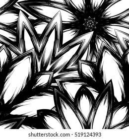 Floral background. Full seamless flower ornament for printing, textile, art design. Decorative vector backdrop. Monochrome, binary, black and white.