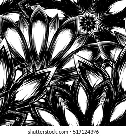 Floral background. Full seamless flower ornament for printing, textile, art design. Decorative vector backdrop. Monochrome, binary, black and white.