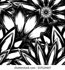 Floral background. Full seamless flower ornament for printing, textile, art design. Decorative vector backdrop. Monochrome, binary, black and white.