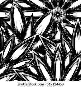 Floral background. Full seamless flower ornament for printing, textile, art design. Decorative vector backdrop. Monochrome, binary, black and white.