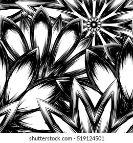 Floral background. Full seamless flower ornament for printing, textile, art design. Decorative vector backdrop. Monochrome, binary, black and white.