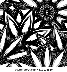 Floral background. Full seamless flower ornament for printing, textile, art design. Decorative vector backdrop. Monochrome, binary, black and white.