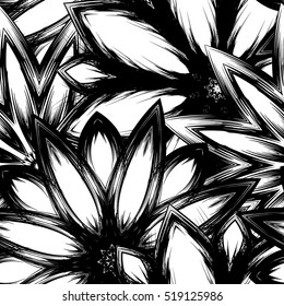 Floral background. Full seamless flower ornament for printing, textile, art design. Decorative vector backdrop. Monochrome, binary, black and white.