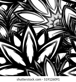 Floral background. Full seamless flower ornament for printing, textile, art design. Decorative vector backdrop. Monochrome, binary, black and white.