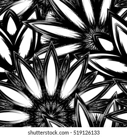 Floral background. Full seamless flower ornament for printing, textile, art design. Decorative vector backdrop. Monochrome, binary, black and white.