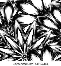 Floral background. Full seamless flower ornament for printing, textile, art design. Decorative vector backdrop. Monochrome, binary, black and white.