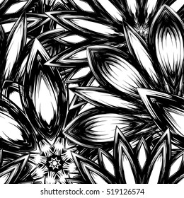 Floral background. Full seamless flower ornament for printing, textile, art design. Decorative vector backdrop. Monochrome, binary, black and white.