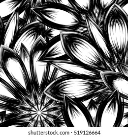 Floral background. Full seamless flower ornament for printing, textile, art design. Decorative vector backdrop. Monochrome, binary, black and white.