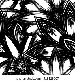 Floral background. Full seamless flower ornament for printing, textile, art design. Decorative vector backdrop. Monochrome, binary, black and white.