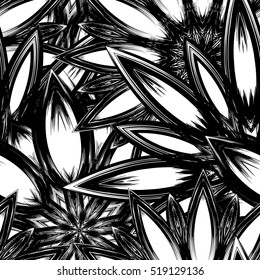 Floral background. Full seamless flower ornament for printing, textile, art design. Decorative vector backdrop. Monochrome, binary, black and white.