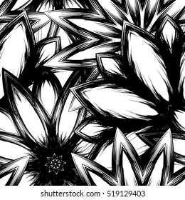 Floral background. Full seamless flower ornament for printing, textile, art design. Decorative vector backdrop. Monochrome, binary, black and white.