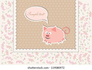 Floral background with funny pig; pink, vector