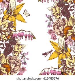 Floral background with garden flowers. Can be used as wedding or birthday invitation, new shop collections advertising or any other seasonal occasions