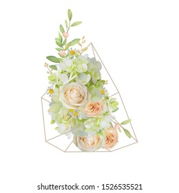 floral background with garden roses and hydrangea in terrarium
