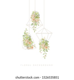 floral background with garden roses and hydrangea in terrarium
