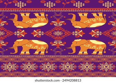 Floral background, geometric oriental seamless pattern, traditional purple, orange, yellow design for background, carpet, wallpaper, clothing, wrapping, batik, fabric, Vector embroidery pattern. ter