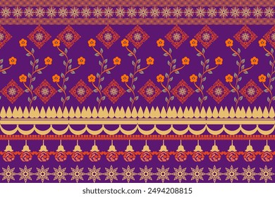 Floral background, geometric oriental seamless pattern, traditional purple, orange, yellow design for background, carpet, wallpaper, clothing, wrapping, batik, fabric, Vector embroidery pattern. ter