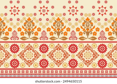 Floral background, geometric oriental seamless pattern, traditional blue, orange, yellow design for background, carpet, wallpaper, clothing, wrapping, batik, fabric, Vector embroidery pattern