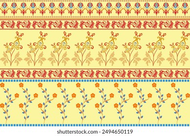 Floral background, geometric oriental seamless pattern, traditional blue, orange, yellow design for background, carpet, wallpaper, clothing, wrapping, batik, fabric, Vector embroidery pattern