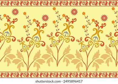 Floral background, geometric oriental seamless pattern, traditional orange, yellow design for background, carpet, wallpaper, clothing, wrapping, batik, fabric, Vector embroidery pattern