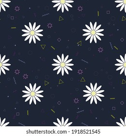 Floral background with geometric shapes. White chamomile or daisies and triangles. Dark blue background. Seamless pattern for printing, textile and fabric, wrapping paper, packaging. Vector.

