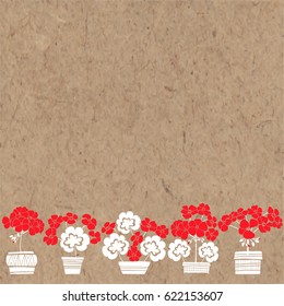 Floral background with geranium and place for text. Vector illustration on a kraft paper. Invitation, greeting card or an element for your design.