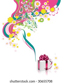 Floral background with gift box. All elements and textures are individual objects. Vector illustration scale to any size.