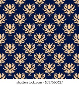 Floral background with golden blue seamless pattern. Design for wallpapers and textile