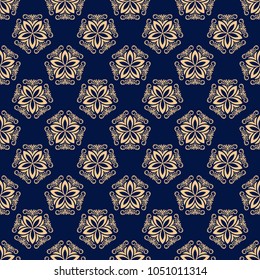 Floral background with golden blue seamless pattern. Design for wallpapers and textile