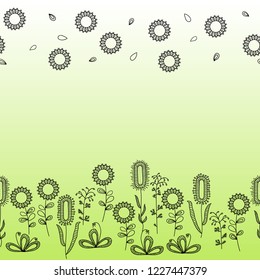 Floral background with gradient. Hand-drawn doodle flowers. Empty place for your text. Vector illustration.