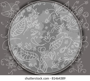  floral background, gray, oval frame..
