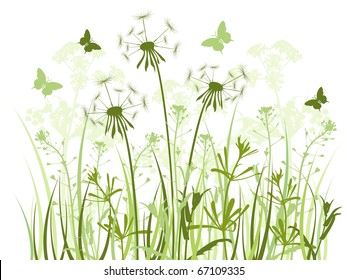 floral background with green grass,dandelions and butterflies