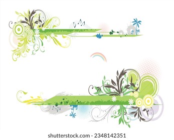 Floral background with green ornament and red flowers