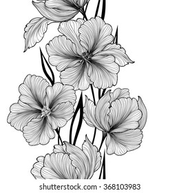 Floral background. Greeting card with flower. Flourish border. Gentle decor with summer flower dahlia. Black and white vector illustration