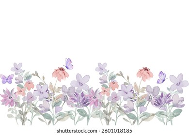 Floral background for greeting card, invitation and other printing design. Watercolor flowers isolated on white. 