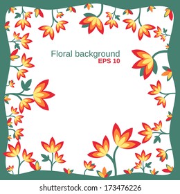 floral background with growing up flowers in the green frame colored for spring
