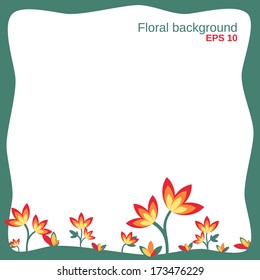 floral background with growing up flowers in the green frame colored for spring