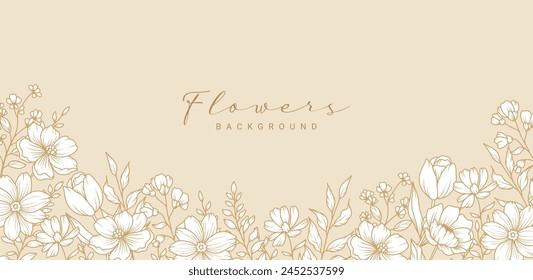 Floral background with hand drawn flowers and leaves in line art style. Elegant border with a bouquet of white flowers on a neutral beige background. Vector illustration with botanical elements
