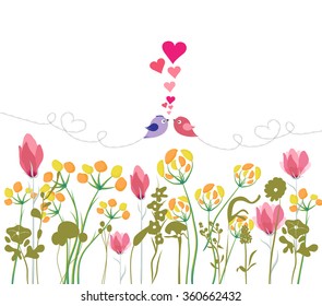 Floral background with hand drawn flowers, bird and space for spring
