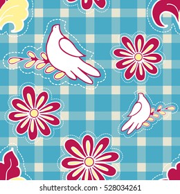 Floral background with hand drawn folk flowers and pigeon birds. Seamless Easter vector pattern for cushion, pillow, bandanna, silk kerchief or shawl fabric print. Texture for clothes, bedclothes