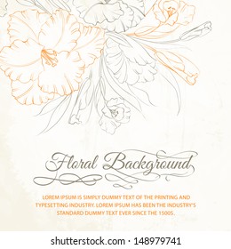 Floral background with hand drawn irises. Vector illustration.