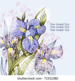 floral background with hand drawn irises and plants